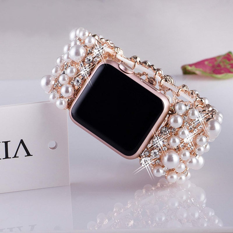 VIQIV Bling Bands Compatible with Apple Watch Band 38mm 40mm 41mm 42mm 44mm 45mm 49mm Iwatch Series SE 9 8 7 6 5 4 3 2 Ultra, Diamond Rhinestone Metal Pearl Dressy Bracelet Wristband Strap for Women - Image 3